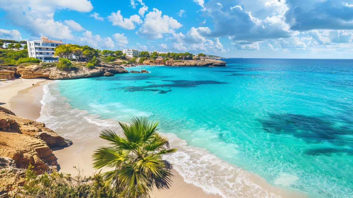 Vista panorámica de la playa de Es Canar Ibiza con turistas disfrutando del sol y el mar azul